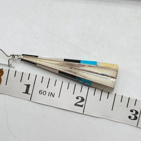 Zuni Sterling Silver Inlay Cone Shaped Dangle Earrings With Turquoise Onyx Shell - Picture 6 of 6
